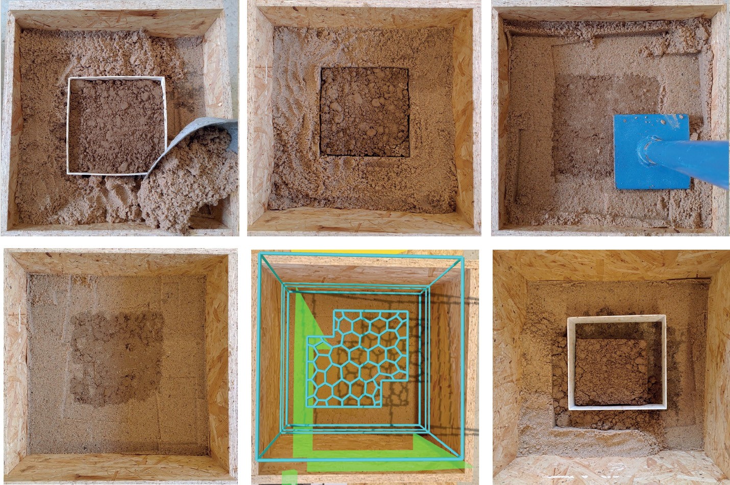 Six views of filling, positioning and compacting earth with a small moveable formwork insert and AR guidance.